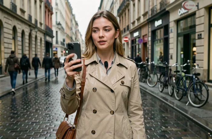 Journaliste de terrain filmant un reportage en direct dans une rue urbaine européenne avec son smartphone et un microphone clip-on