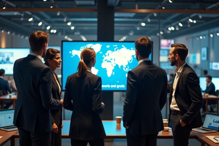 Journalistes réunis dans une salle de rédaction moderne analysant les actualités internationales sur un grand écran