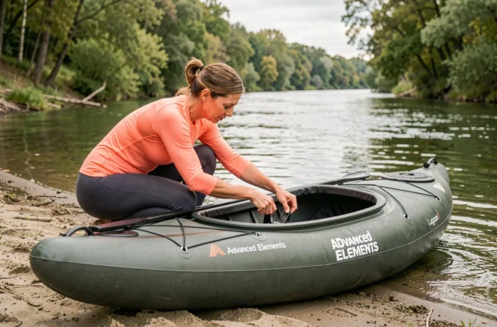 Femme réglant les repose-pieds d'un kayak gonflable Advanced Elements Lagoon 1 sur une berge de rivière sablonneuse