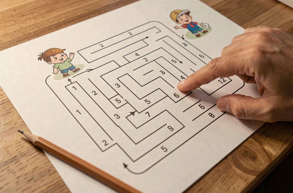 Labyrinthe numérique de 1 à 5 imprimé avec chemins numérotés à suivre pour une activité de numération en petite section