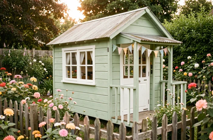 Maisonnette de jeu en bois peinte en vert pastel avec décoration de fanions dans un jardin fleuri