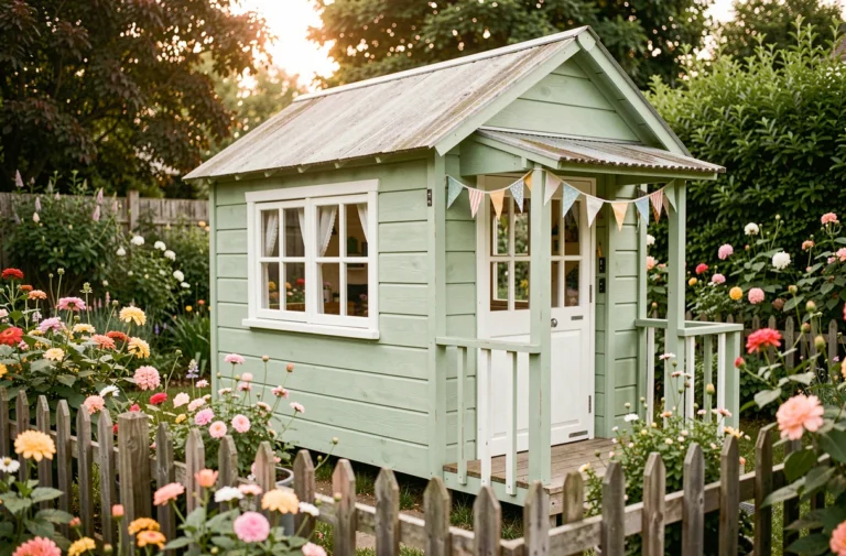 Maisonnette de jeu en bois peinte en vert pastel avec décoration de fanions dans un jardin fleuri