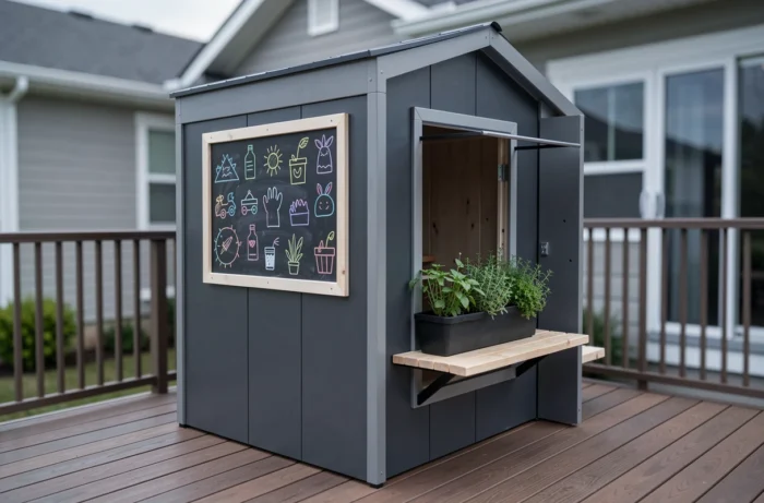 Maisonnette de jeu moderne grise avec tableau noir et jardinière sur une terrasse en bois