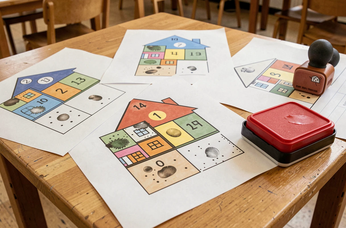 Maisons des nombres imprimées à compléter avec tampons et points dessinés pour apprendre les quantités en maternelle