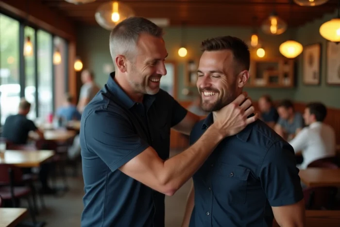 Homme pratiquant la manœuvre de Heimlich sur un ami dans un restaurant, geste de premiers secours en cas d'étouffement