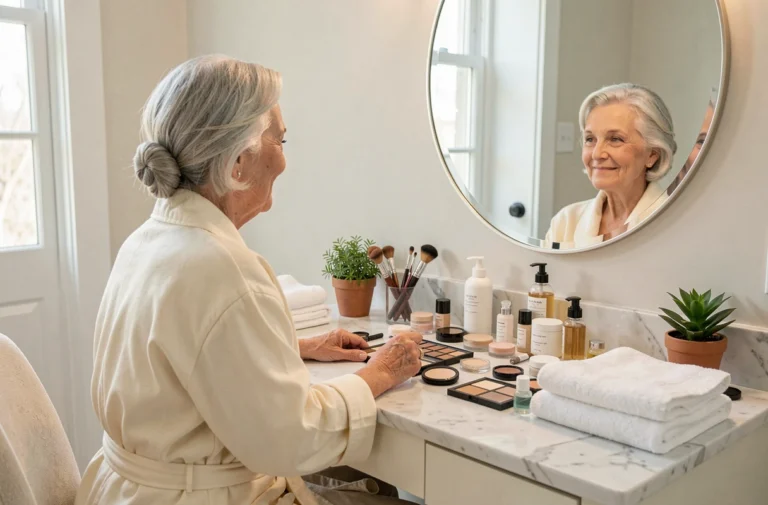 Une femme élégante de 70 ans assise devant une coiffeuse organisée avec des produits de maquillage, souriante devant son miroir dans une salle de bain lumineuse