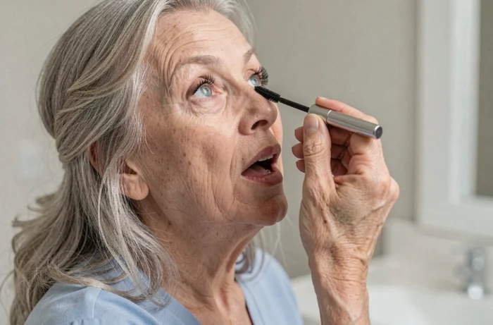 Une femme de 70 ans appliquant du mascara uniquement sur les cils supérieurs avec une baguette de mascara, la tête légèrement en arrière