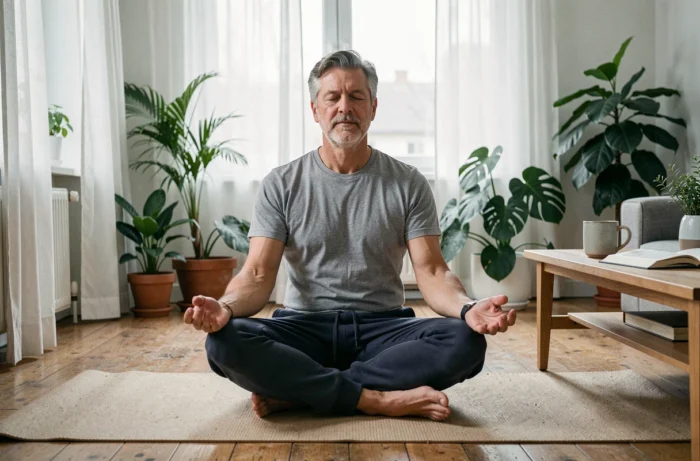 Homme pratiquant la méditation et buvant une tisane naturelle dans le cadre d'une routine pour réduire les plaquettes sanguines élevées