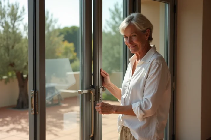 Femme mesurant une baie vitrée pour choisir une moustiquaire enroulable adaptée aux grandes dimensions