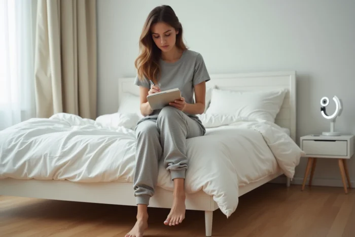 Jeune femme assise sur un lit prenant des notes dans un carnet, pieds nus sur un parquet en chêne, dans une chambre moderne et minimaliste