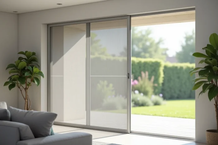 Moustiquaire enroulable installée sur une baie vitrée 300x220 dans un salon moderne avec vue sur jardin