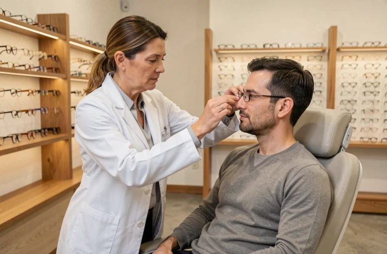 Opticienne ajustant des lunettes sur un client dans une boutique d'optique moderne et accueillante