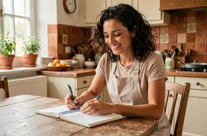 Mère de famille organisant le planning familial dans une cuisine conviviale avec un carnet et un stylo