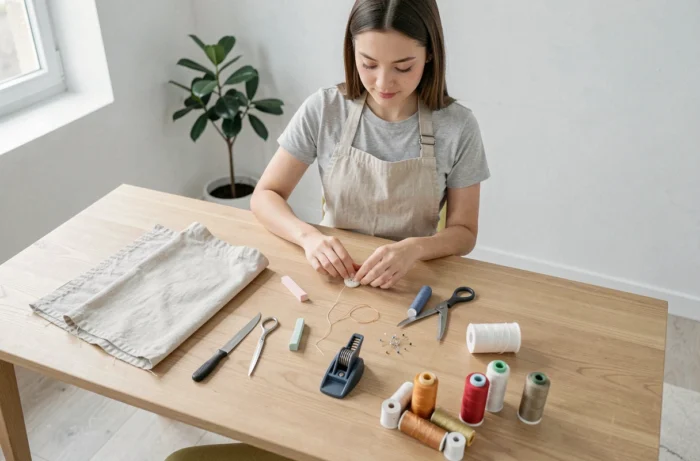 Disposition à plat des outils de couture pour réaliser une boutonnière sans couper les fils