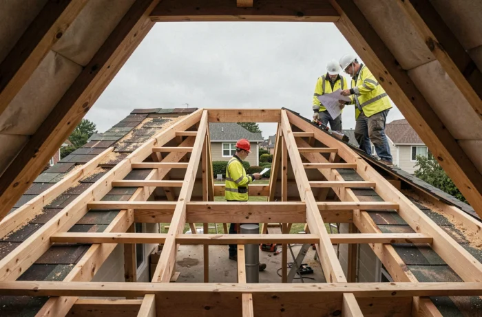 Vue large d'une charpente de toiture avec ouverture encadrée par un chevêtre pour l'installation d'un conduit