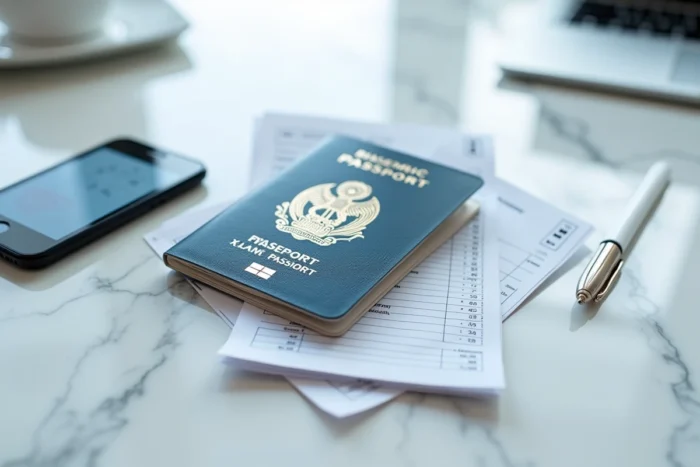 Vue de dessus d'un passeport biométrique ouvert à côté d'un smartphone affichant une copie numérique