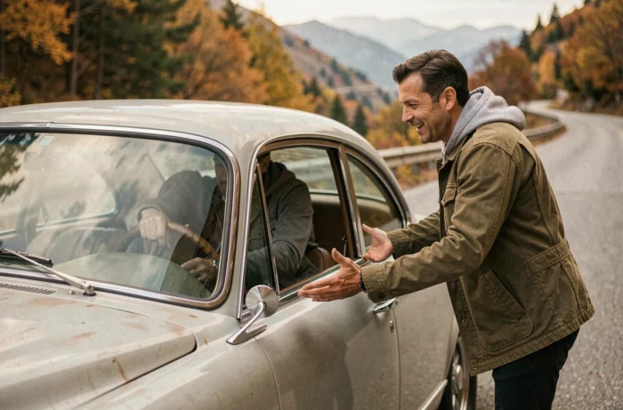 Deux passionnés discutant d'une voiture classique restaurée sur une route de montagne en automne