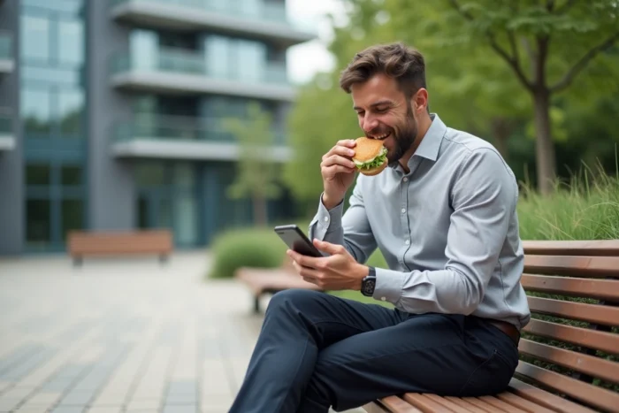 Employé de bureau prenant une pause déjeuner légale sur un banc devant son entreprise en France