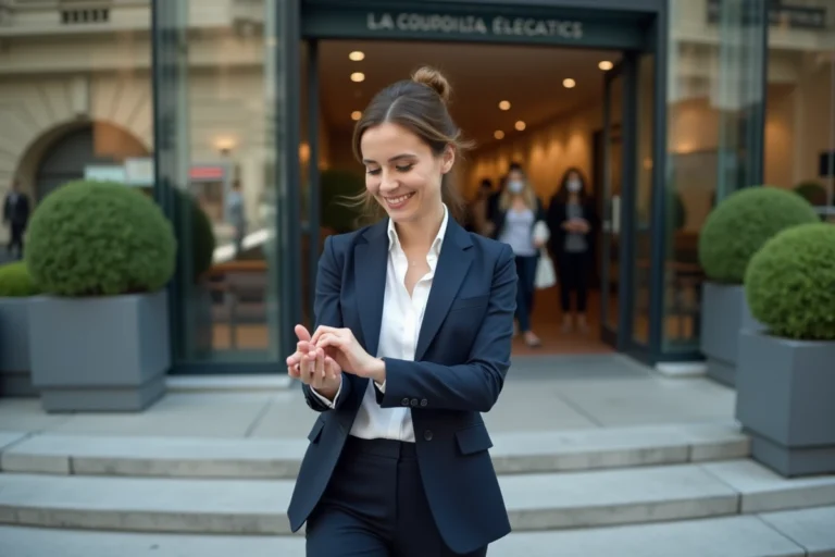 Femme cadre sortant d'un immeuble de bureaux parisien pendant sa pause légale au travail