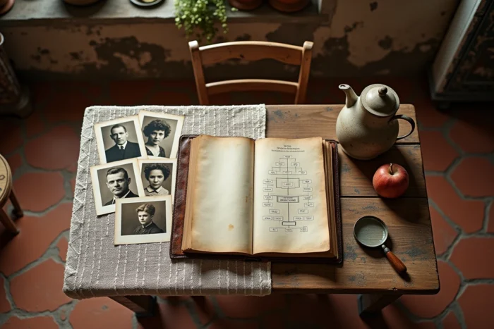 Collection de photographies de famille anciennes et arbre généalogique manuscrit sur une table en bois, évoquant les origines familiales de Guillaume Farde