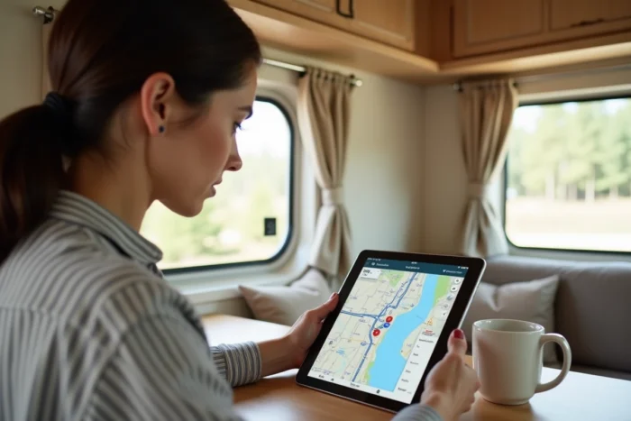 Femme planifiant un itinéraire adapté à une caravane sur une tablette à l'intérieur d'un camping-car avec vue sur un camping