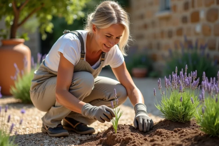 Femme plantant un plant de lavande en pleine terre dans un jardin de style provençal avec des murs en pierre sèche
