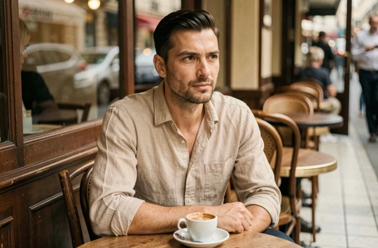 Portrait intimiste d'un homme pensif attablé dans un café parisien, illustrant la vie privée d'un créateur de contenu
