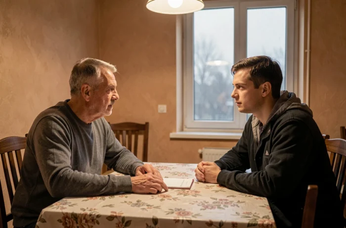 Un père et son fils adulte assis à une table, le père posant une limite clairement exprimée à voix haute plutôt que de garder le silence