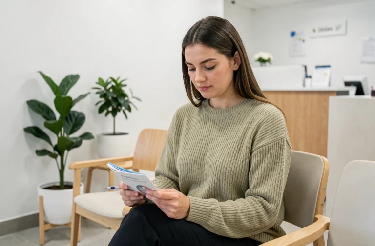 Femme préparant son rendez-vous de frottis gynécologique dans une salle d'attente médicale moderne