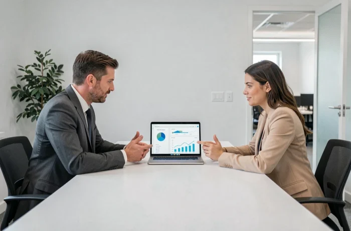 Deux professionnels analysant des données CRM et des stratégies de ventes digitales B2B en salle de réunion
