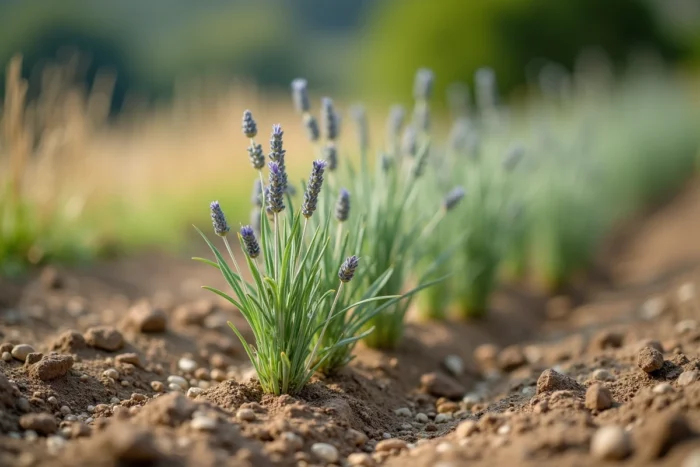 Rangée de jeunes plants de lavande fraîchement mis en terre dans un sol caillouteux et bien drainé d'un jardin naturel