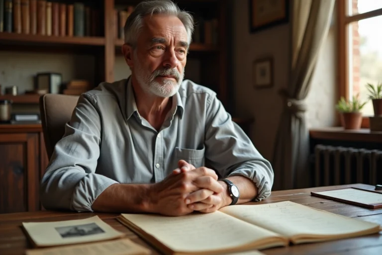 Homme étudiant des documents généalogiques anciens dans un bureau familial, illustrant les recherches sur l'origine et la famille de Guillaume Farde