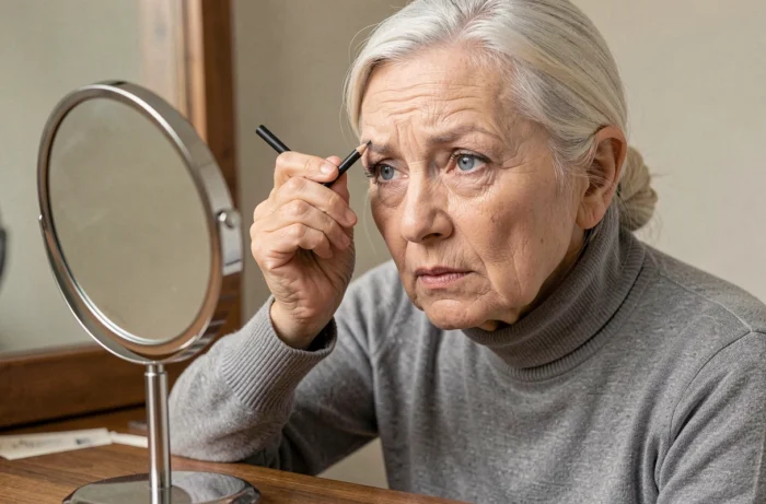 Une femme de 70 ans redessinant ses sourcils avec un crayon fin devant un miroir grossissant pour structurer son visage