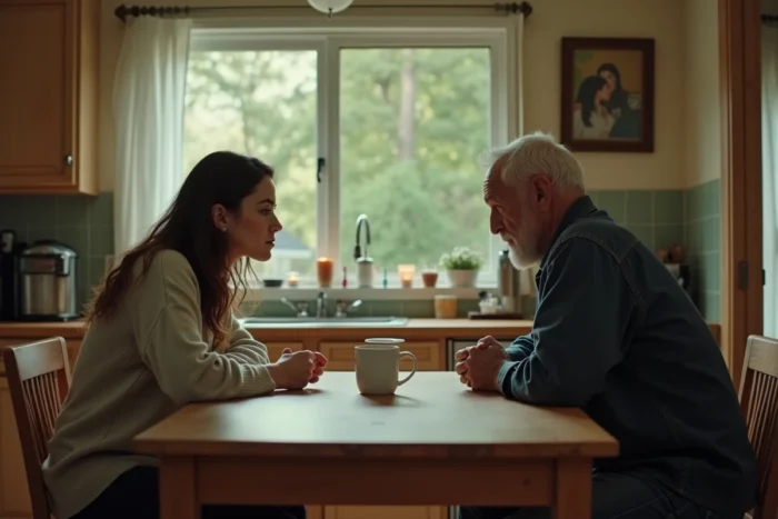 Père et fille en silence à une table de cuisine, illustrant la distance émotionnelle et les relations père-fille complexes