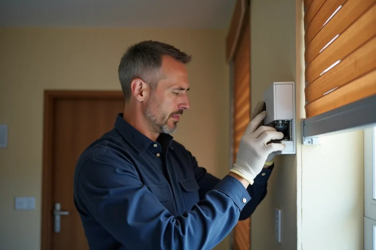 Technicien remplaçant le condensateur d'un moteur Somfy de volet roulant dans un intérieur résidentiel