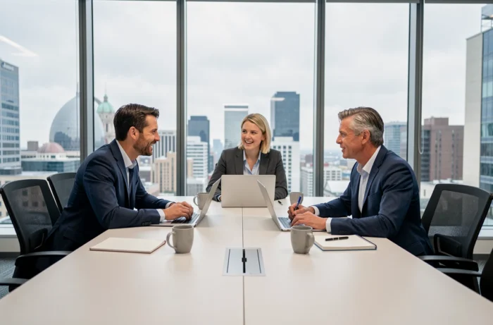 Équipe de professionnels en réunion de stratégie autour d'une table de conférence moderne avec vue sur la ville