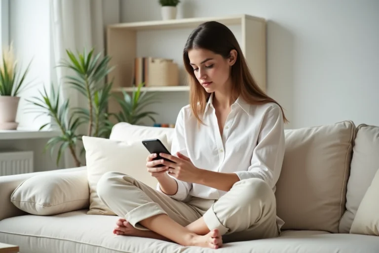 Jeune femme consultant son smartphone avec ses pieds posés sur un canapé en lin, dans un appartement au style scandinave épuré