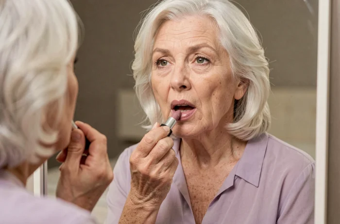 Une femme de 70 ans appliquant un rouge à lèvres crémeux rose-mauve depuis le bâton sur ses lèvres matures avec élégance