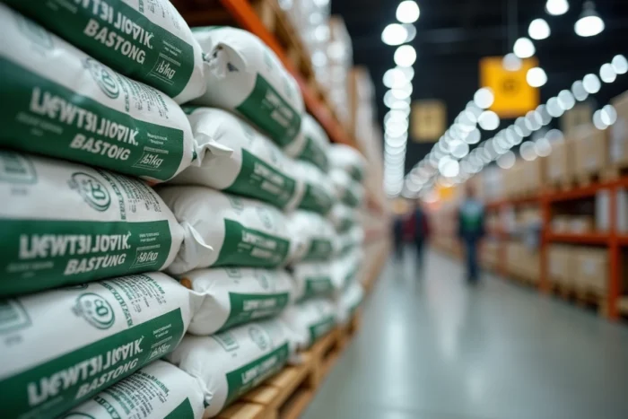 Sacs de pellets en bois de 15 kg empilés sur palette avec étiquette de prix en magasin de bricolage