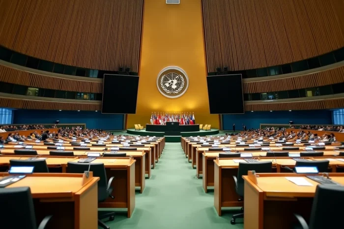Salle de conférence internationale style Nations Unies avec pupitres de délégués et drapeaux des pays membres