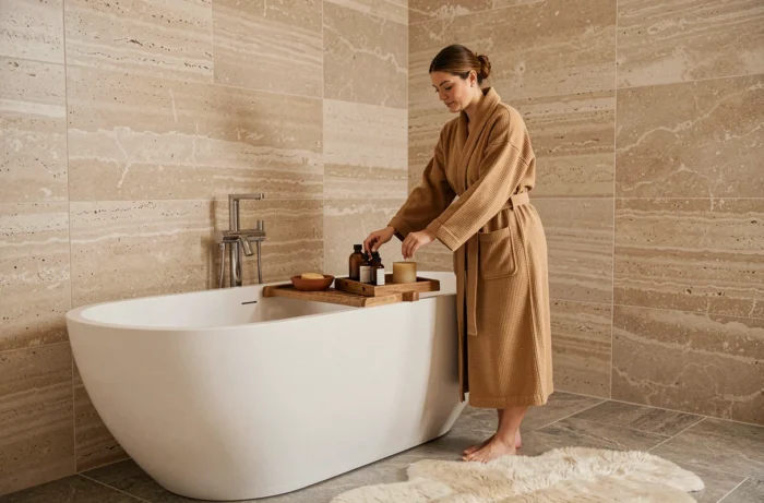 Salle de bain en travertin sable avec baignoire îlot blanche et accessoires naturels en terracotta et bois
