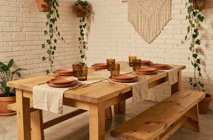 Table à manger décorée en style sable naturel avec céramiques terracotta, verres ambrés et mur en chaux blanche