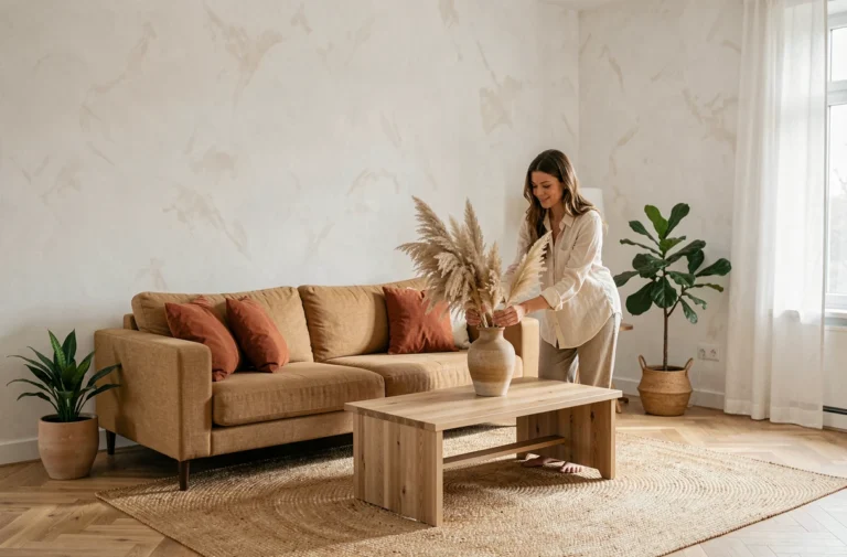 Salon moderne décoré en couleur sable chaud avec canapé en lin beige, coussins terracotta et tapis en jute naturel
