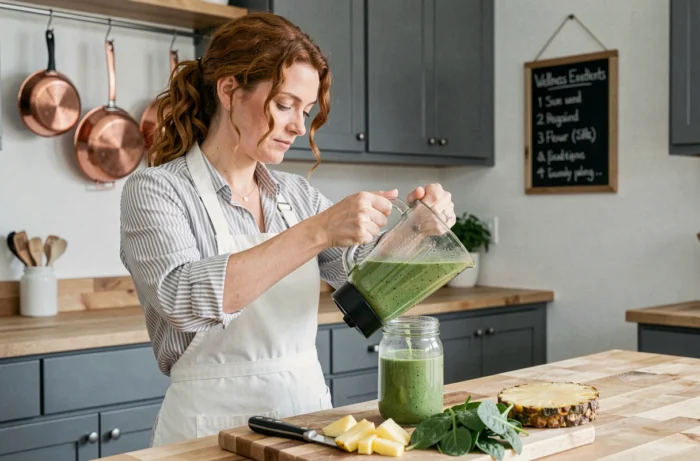 Femme préparant un smoothie vert à base d'ananas épinards et gingembre pour aider à réduire naturellement un taux de plaquettes élevé