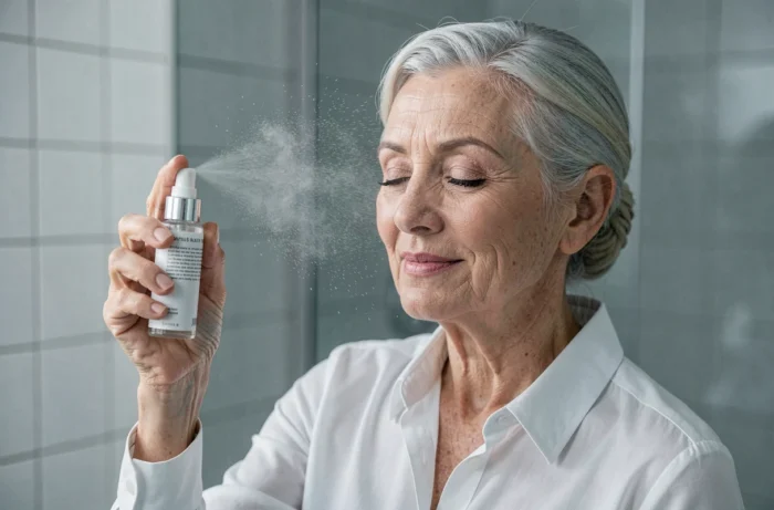 Une femme de 70 ans fixant son maquillage avec un spray brumisateur, les yeux fermés, un nuage de brume fine visible devant son visage