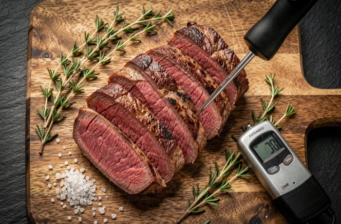 Vue de dessus d'un steak de bœuf tranché avec un thermomètre de cuisson et des herbes fraîches sur une planche en bois