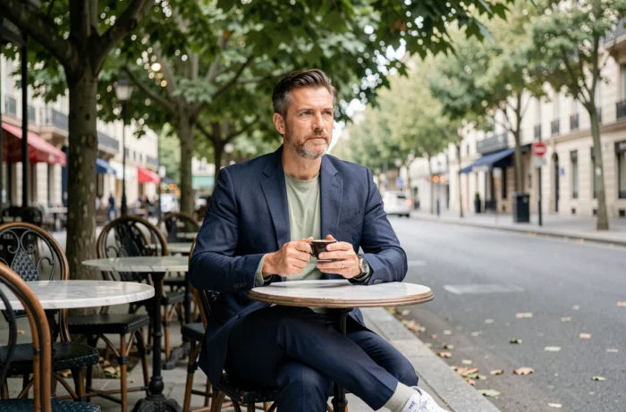 Homme stylé en costume lin marine assis à une terrasse de café parisien, incarnant un style masculin décontracté et tendance au quotidien
