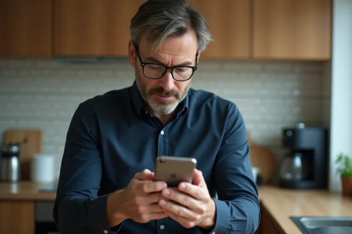 Homme supprimant un compte Le Bon Coin sur son smartphone dans une cuisine moderne