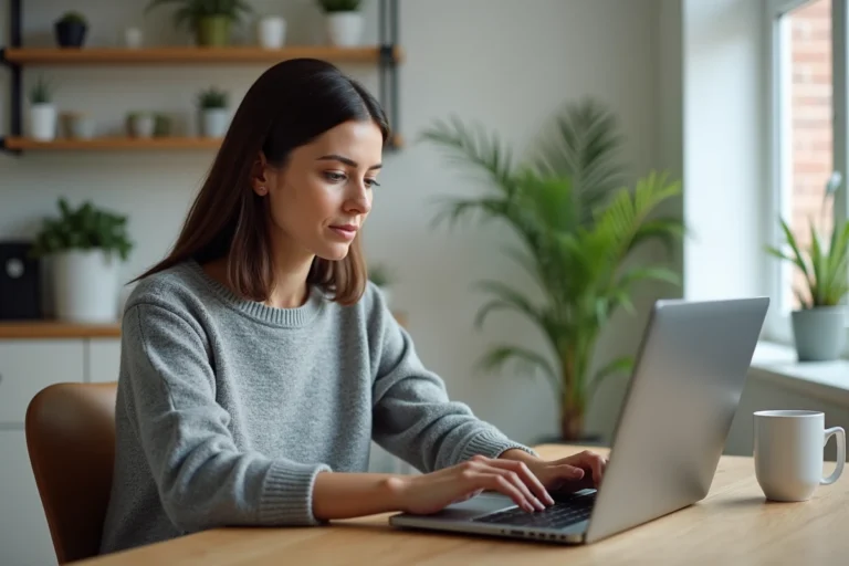 Femme supprimant son compte en ligne sur un ordinateur portable dans un bureau à domicile