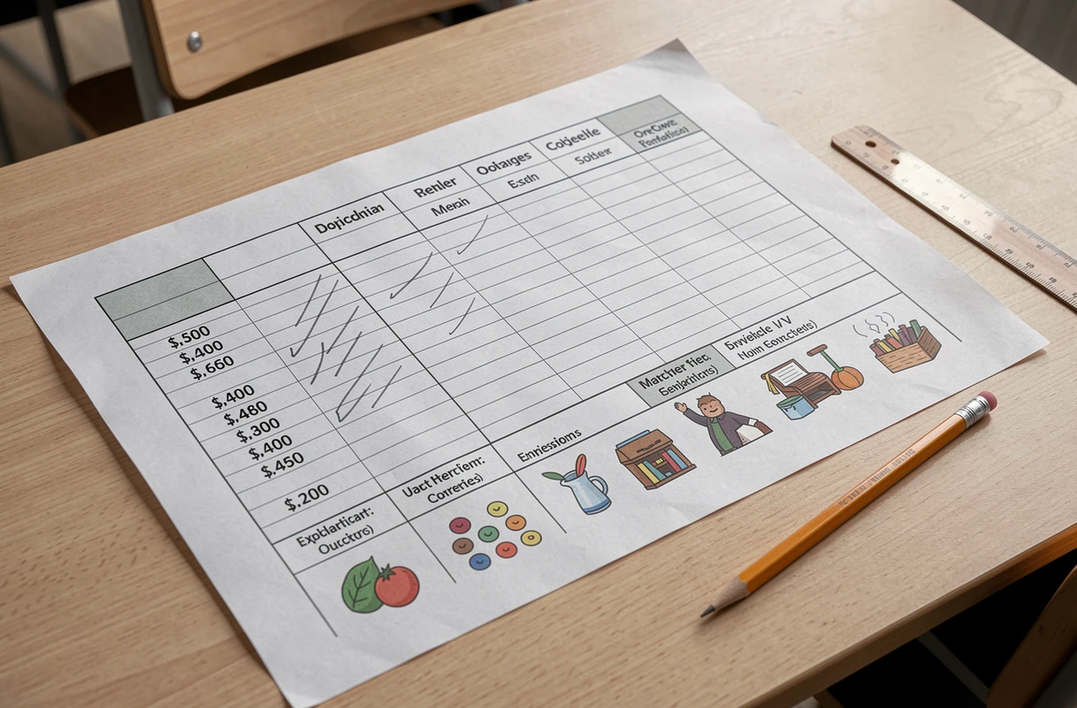 Tableau à double entrée quantité-objet imprimé pour apprendre à dénombrer et classer en petite section maternelle